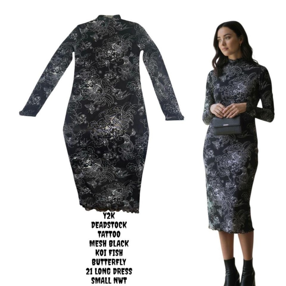 RARE‎ Y2K DEADSTOCK TATTOO KOI FISH MESH BLACK MIDI 21 DRESS SMALL